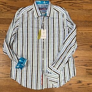 NWT Robert Graham Trenton Blue and Black Striped Button Down Shirt XL